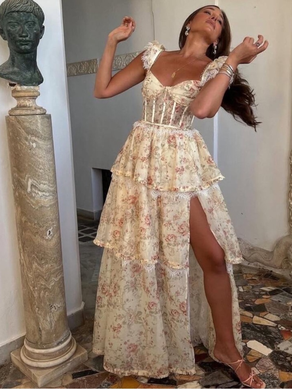 V. Chapman Jolie Corset Ruffle Lace Slit Maxi Dress Gown Carmel Valley Rose